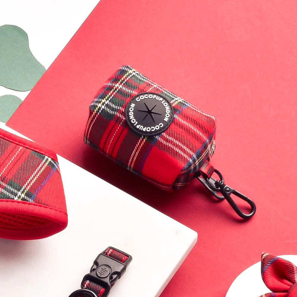Cocopup London red and black tartan poop bag holder - compact zip pouch for dog walks. Scottish charm
