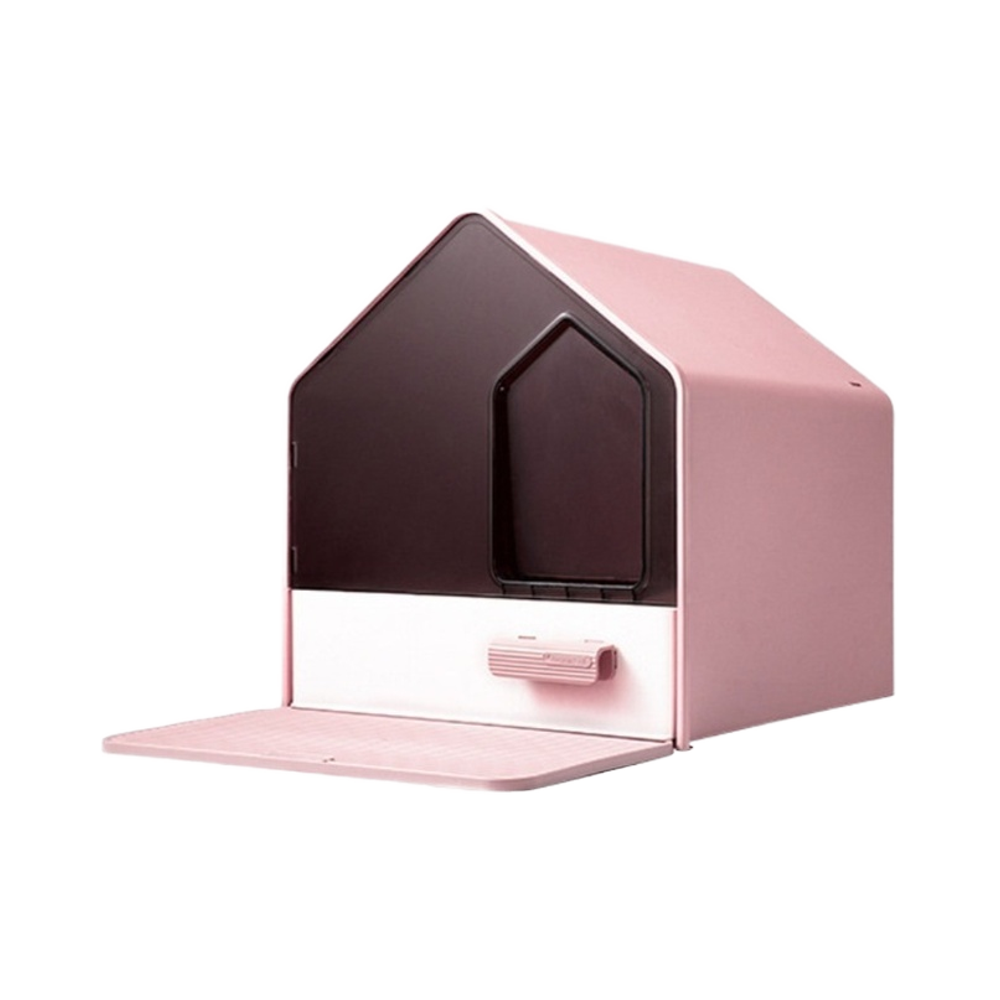 Enclosed cat litter box in soft pink with pull-out drawer, side-mounted scoop and matching litter trapper mat