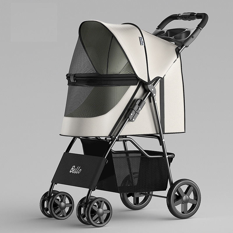 Bello lightweight 4-wheel pet stroller in Pearl White - suitable for senior, injured or small dogs. Upgraded dog pram with zipperless design featuring a secure lock buckle for easy, safe access.