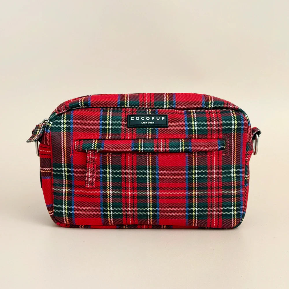 Cocopup London tartan dog walking bag - red and black check bag with poop bag dispenser and zip compartments. 