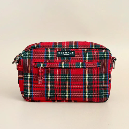 Cocopup London tartan dog walking bag - red and black check bag with poop bag dispenser and zip compartments. 