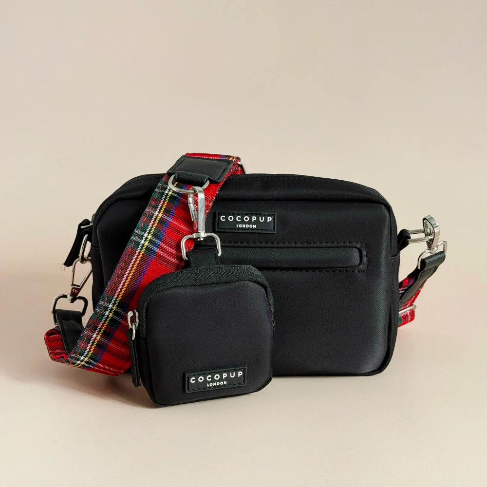 Cocopup London dog walking bag bundle - black bag with red and black tartan strap and matching black treat pouch attached to strap. Interchangeable strap. Scottish charm.