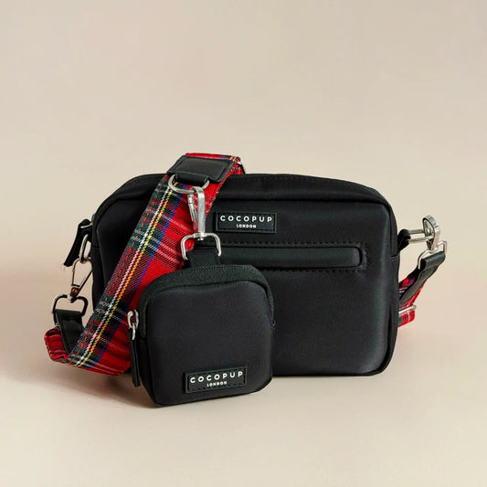 Cocopup London dog walking bag bundle - black bag with red and black tartan strap and matching black treat pouch attached to strap. Interchangeable strap. Scottish charm.