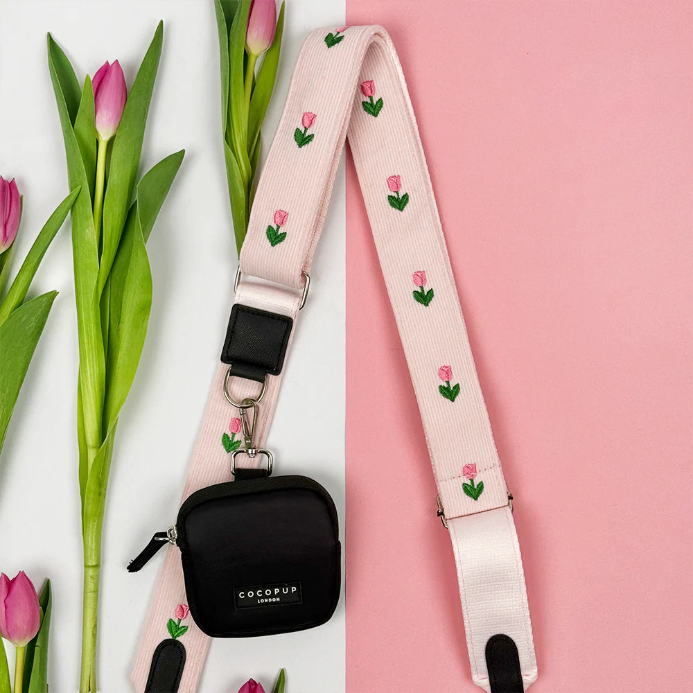 Cocopup London Tulip Tails bag strap detail - tulip flower corduroy with treat pouch 