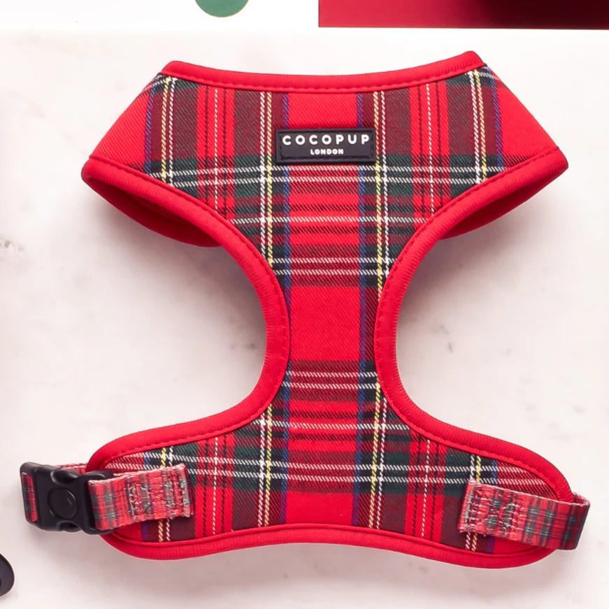 Cocopup London red and black tartan adjustable neck harness - padded breathable dog harness with safety lock buckle. Scottish Charm