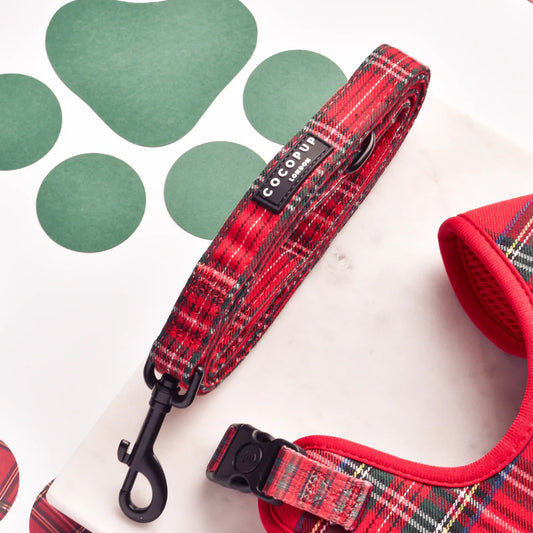 Cocopup London red and black tartan dog lead - padded handle with swivel clip and D-ring for poop bags. Scottish charm